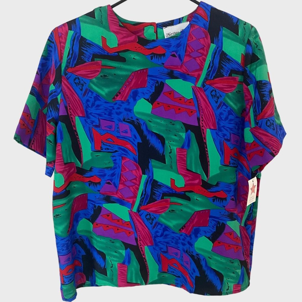 Vintage 80's Heritage Road Retro Abstract Multicolor Print Top Womens Medium New